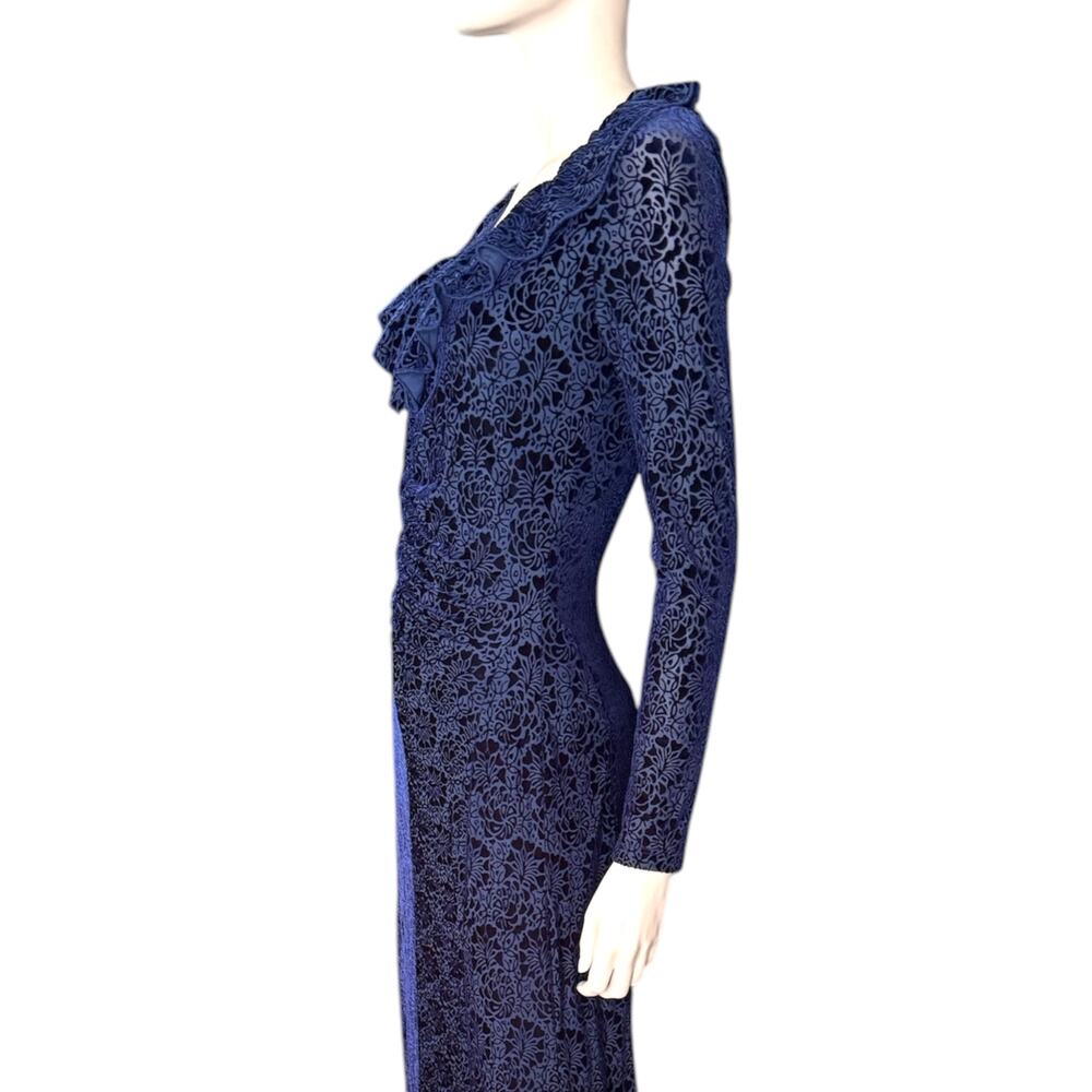 Anthropologie Blue Velvet Ruched Maxi Dress Size Med Ruffle Bodycon Formal - Picture 5 of 15